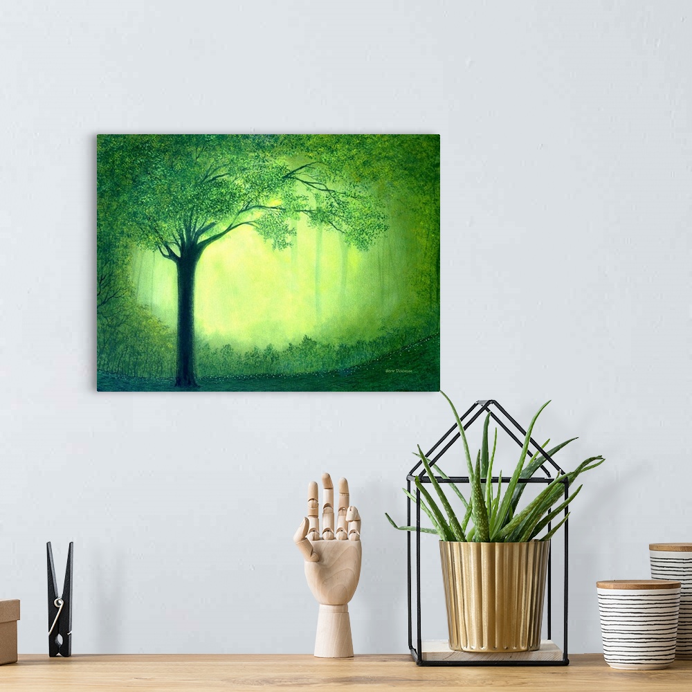 A bohemian room featuring Landscape painting of Sherwood forest with green trees and golden light in the background.