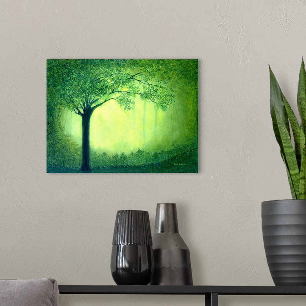 A modern room featuring Landscape painting of Sherwood forest with green trees and golden light in the background.