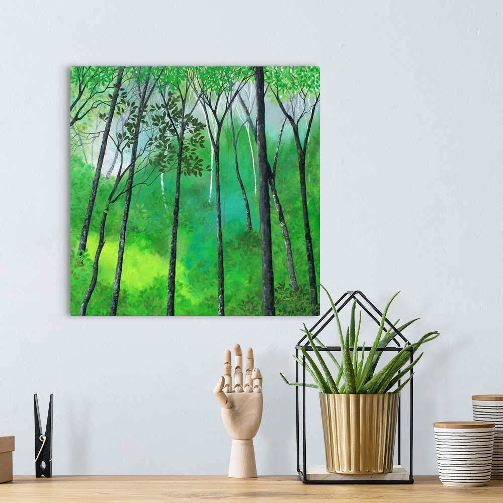 A bohemian room featuring Landscape painting of trees inside Sherwood forest in shades of green with hints of blue.