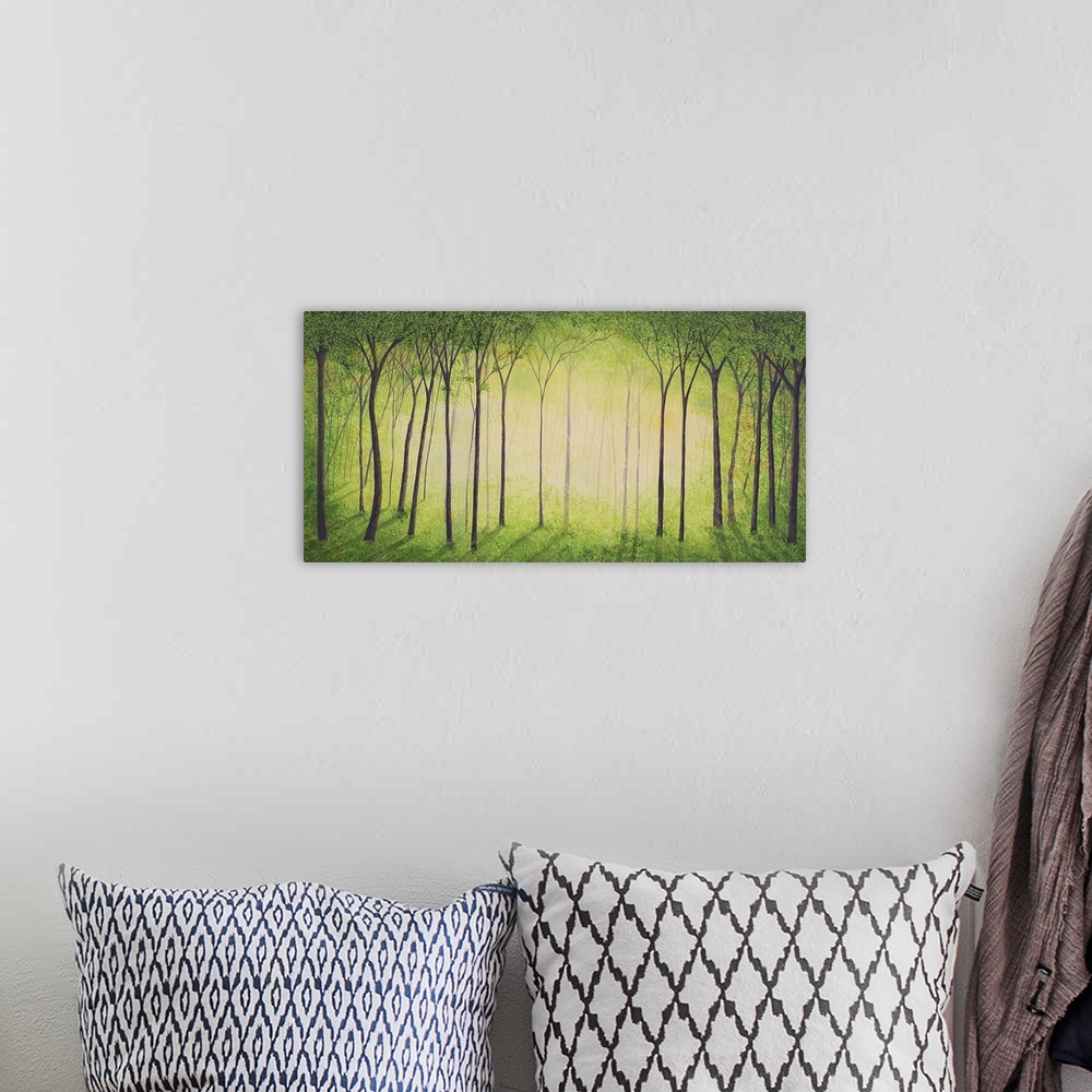 A bohemian room featuring Contemporary landscape painting of a green forest with golden light shining through the center.