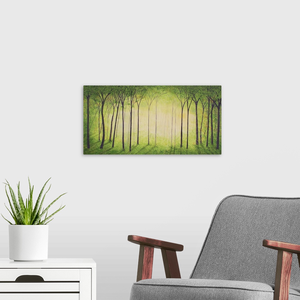 A modern room featuring Contemporary landscape painting of a green forest with golden light shining through the center.
