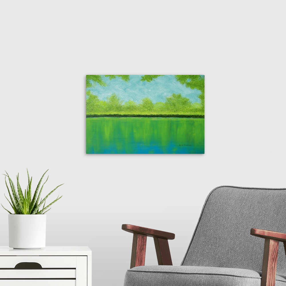 A modern room featuring Lake landscape painting in shades of blue and green with a clam lake reflecting the surrounding t...