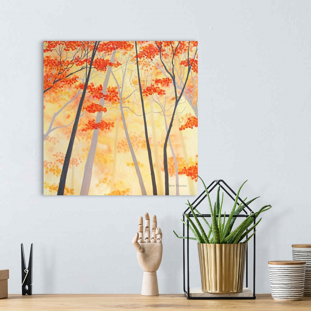 A bohemian room featuring Square painting of Autumn trees with orange and yellow leaves.