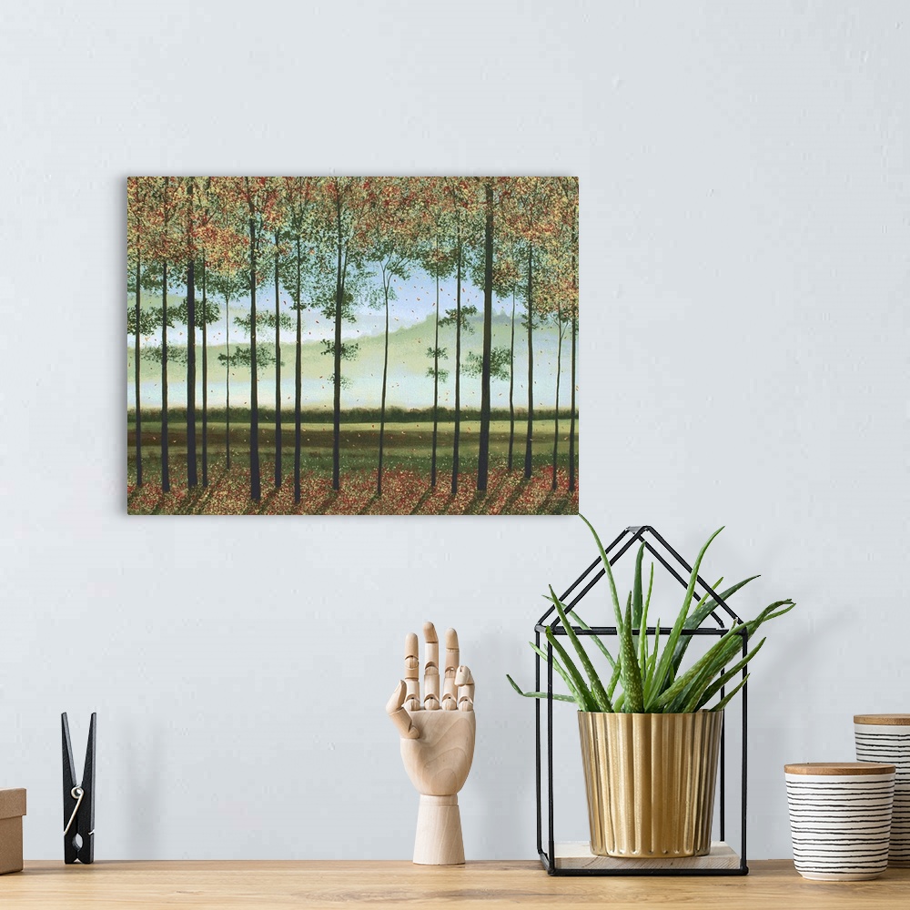 A bohemian room featuring Contemporary landscape painting with Autumn trees in the foreground and faint silhouetted Smoky M...
