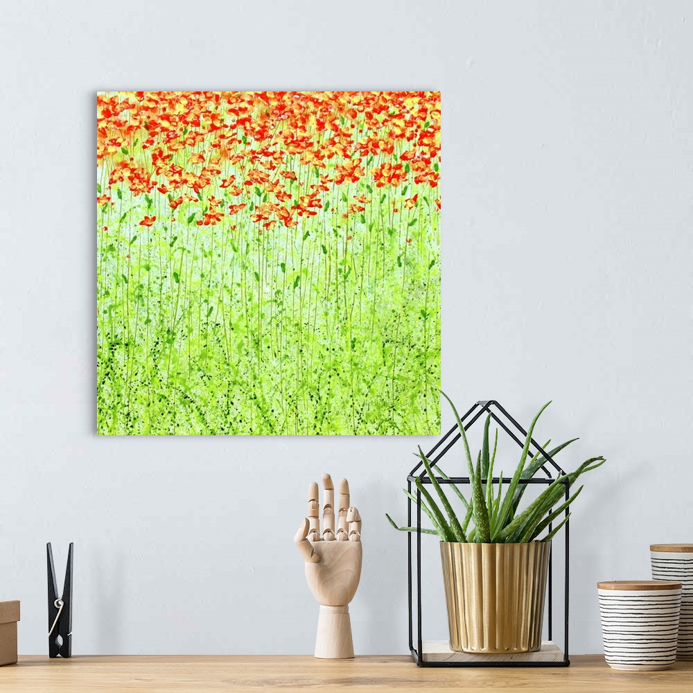 A bohemian room featuring Square painting of long green stemmed red and yellow flowers.