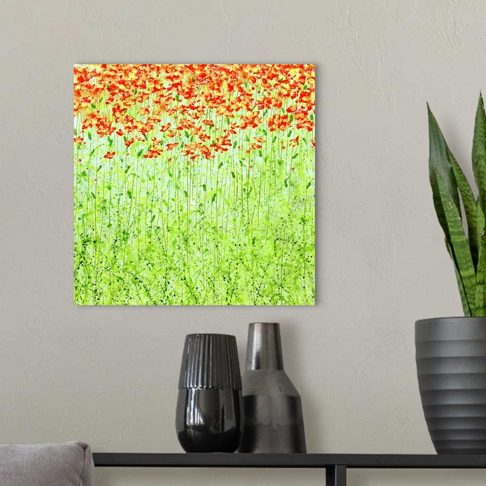 A modern room featuring Square painting of long green stemmed red and yellow flowers.
