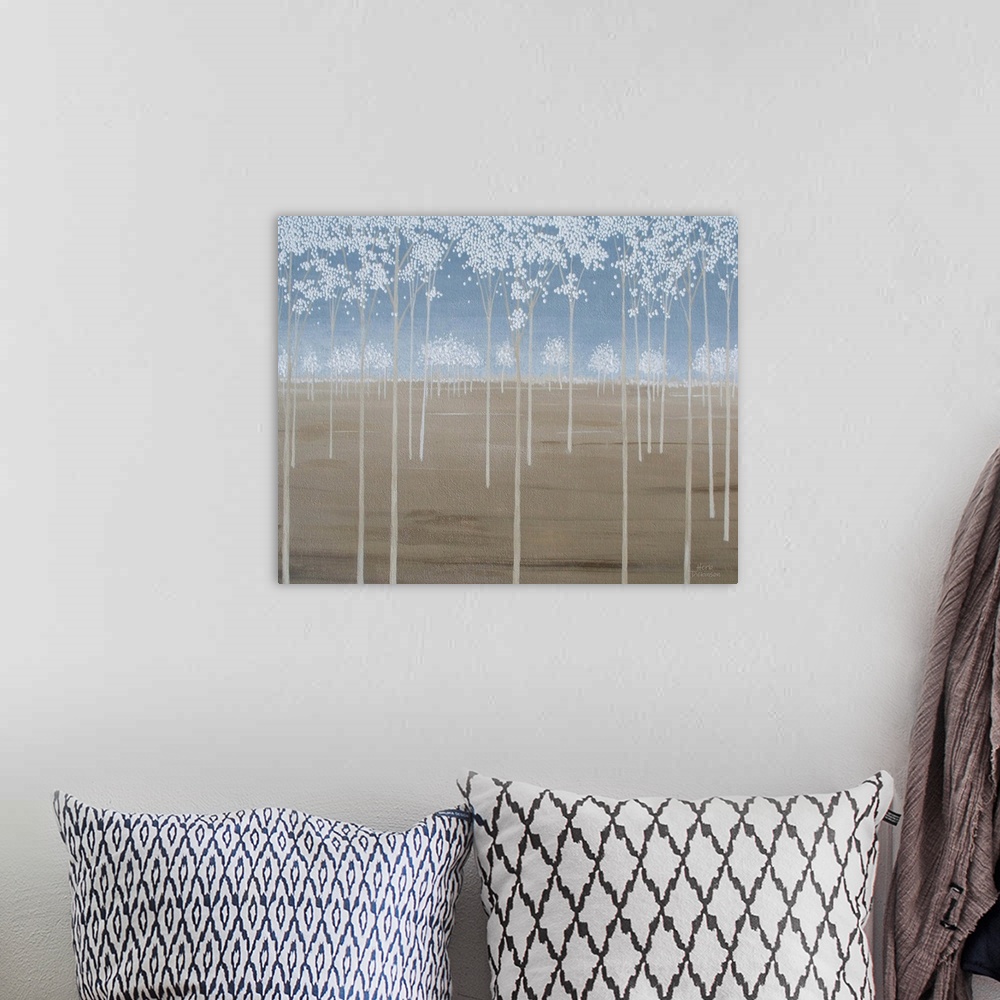 A bohemian room featuring Minimalist painting of tall Spring trees with white blossoms.