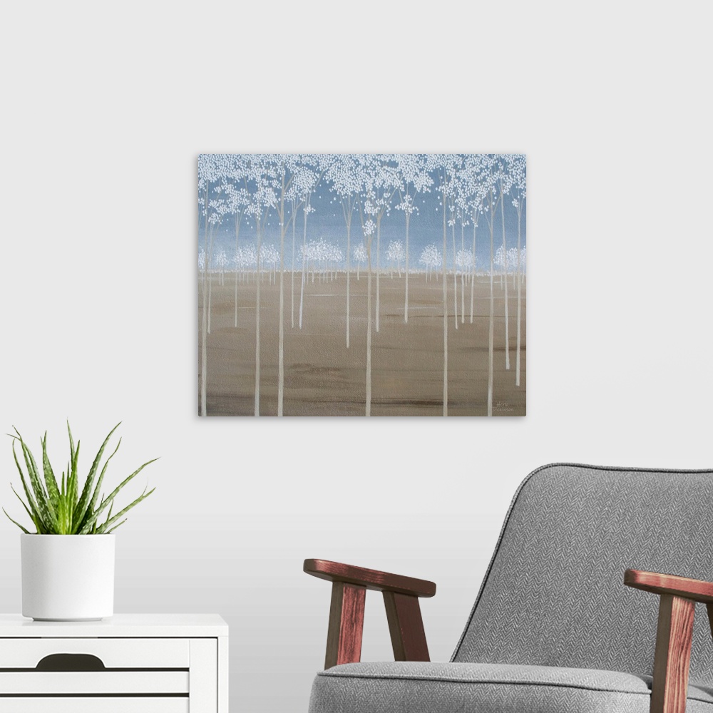 A modern room featuring Minimalist painting of tall Spring trees with white blossoms.