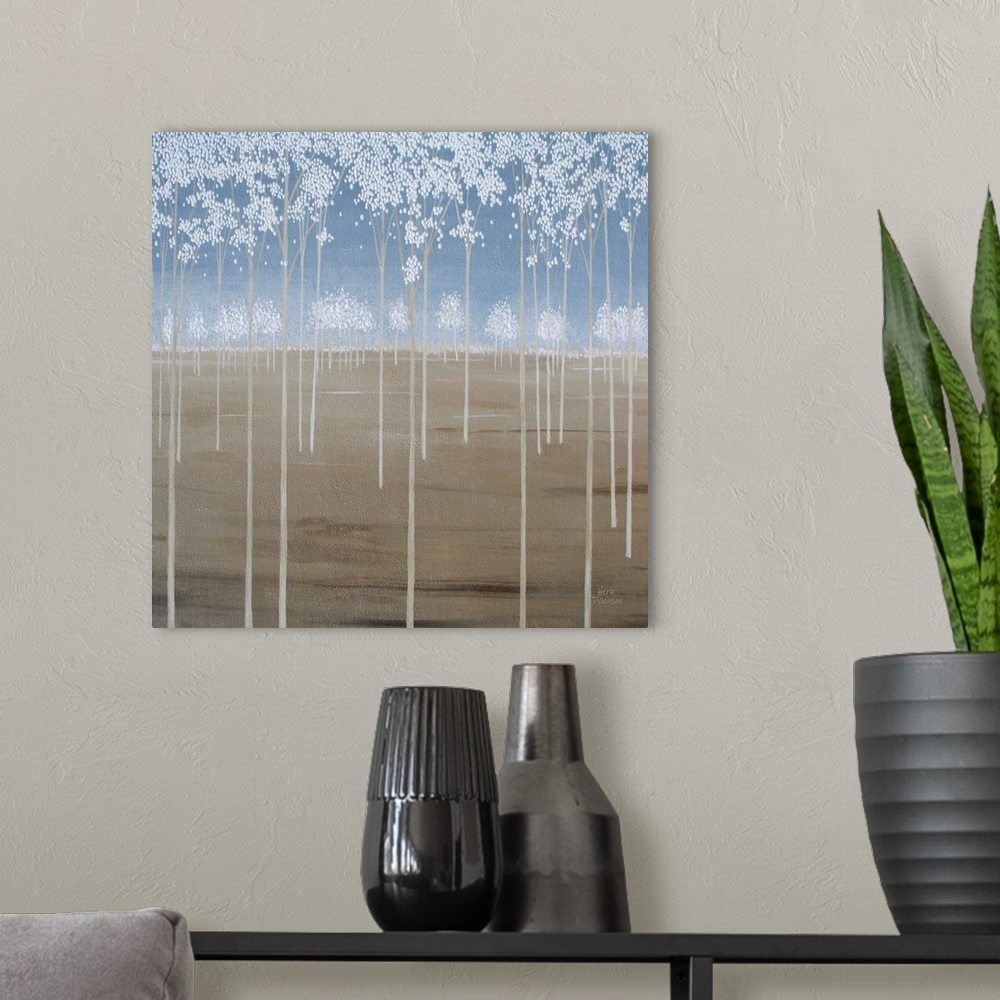 A modern room featuring Square painting of thin beige trees with small, white, circular blossoms on the branches on a bro...