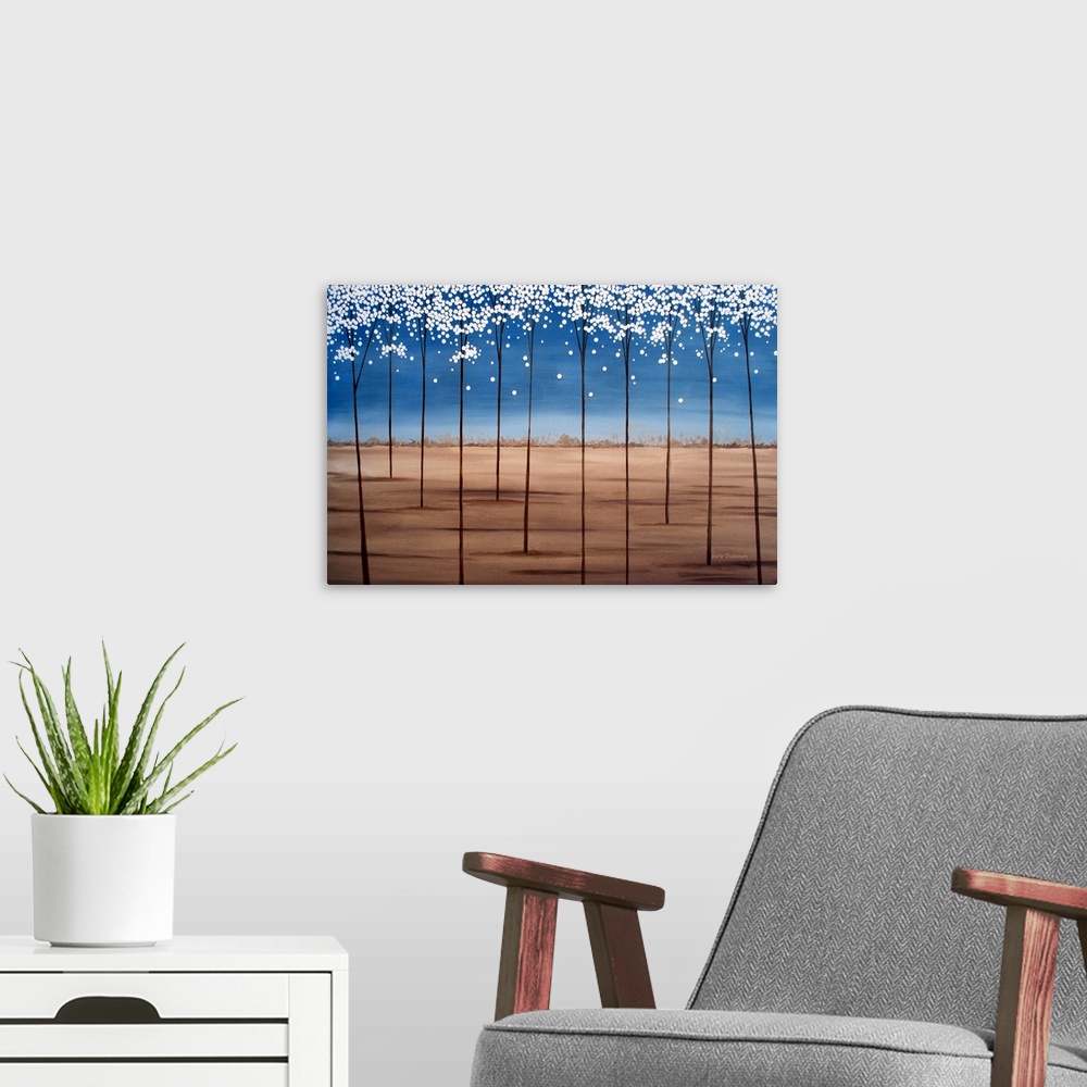 A modern room featuring Minimalist painting of skinny trees with white blossoms at dusk.