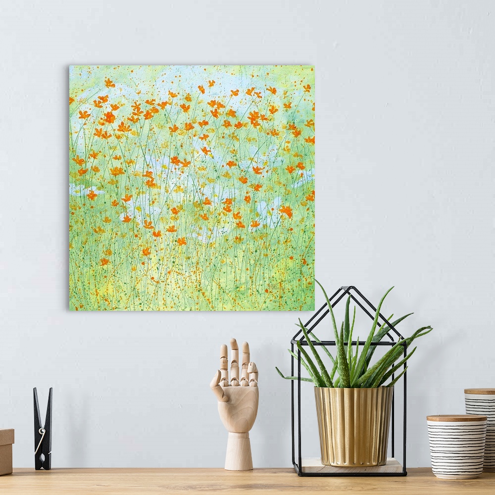 A bohemian room featuring Spring garden with wild orange and yellow flowers on a light green and blue background with hints...