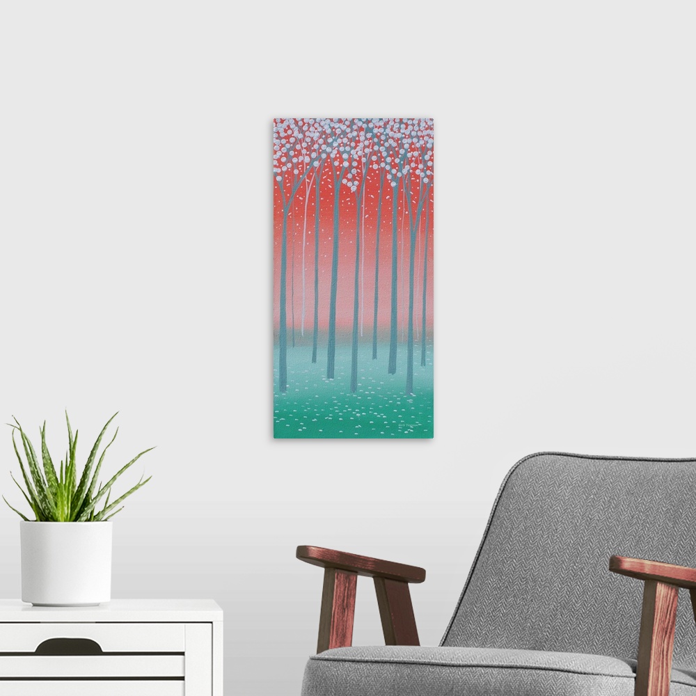 A modern room featuring Panel painting with a Spring tree landscape in shades of red, green, and blue-gray.