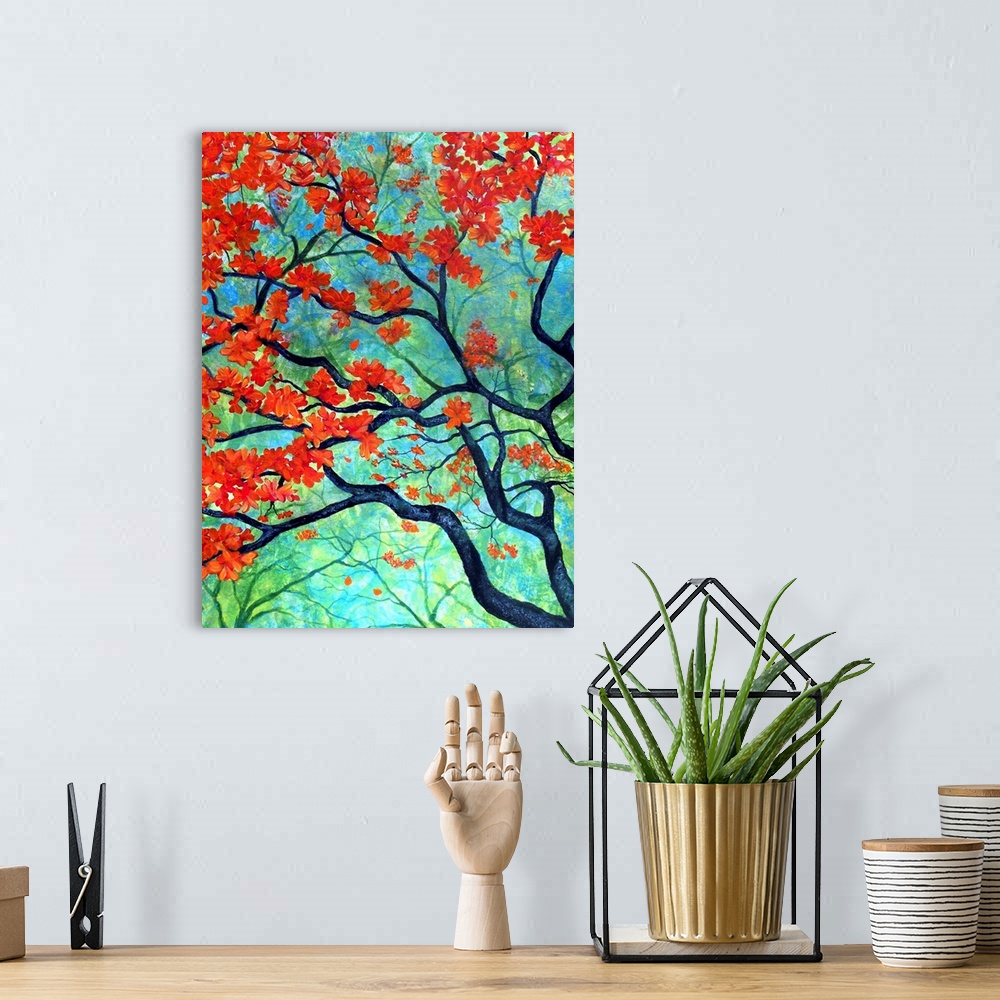 A bohemian room featuring Contemporary painting of a tree top with orange and red leaves on a blue and green background.
