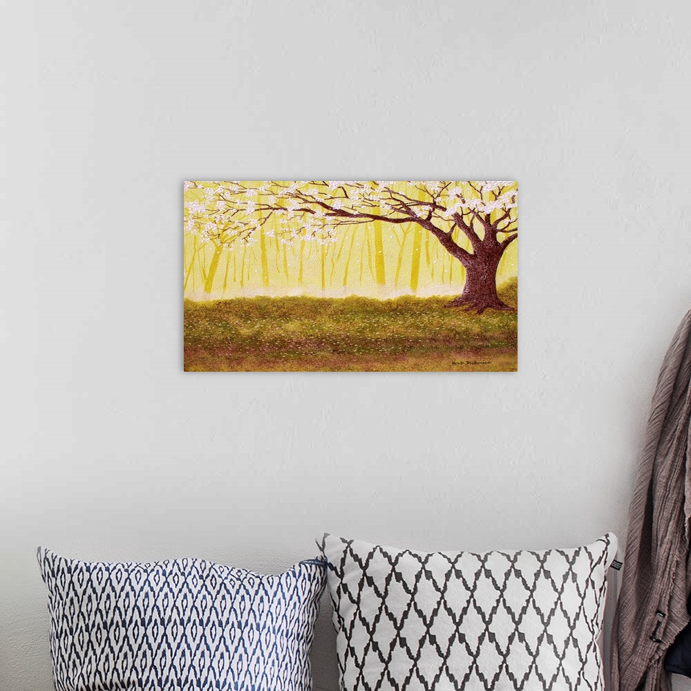 A bohemian room featuring Horizontal landscape painting with a Spring tree covered in white blossoms with a golden forest i...