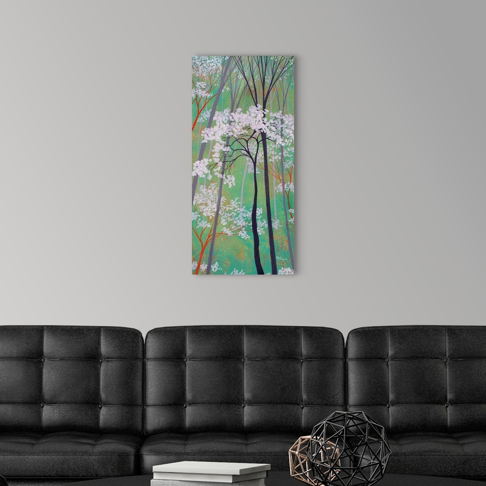 A modern room featuring Panel painting of a Spring forest with colorful tree trunks and white blossoms on a teal background.