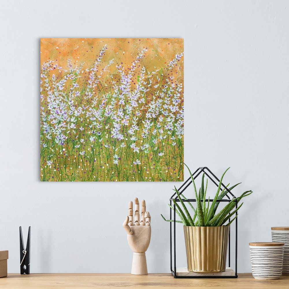 A bohemian room featuring Contemporary painting of white and purple wildflowers with green leafy stems and an orange backgr...