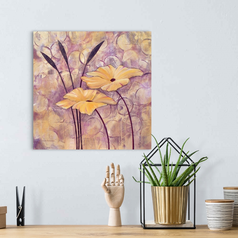 A bohemian room featuring Contemporary painting of two golden flowers on an abstract background made with circular shapes a...