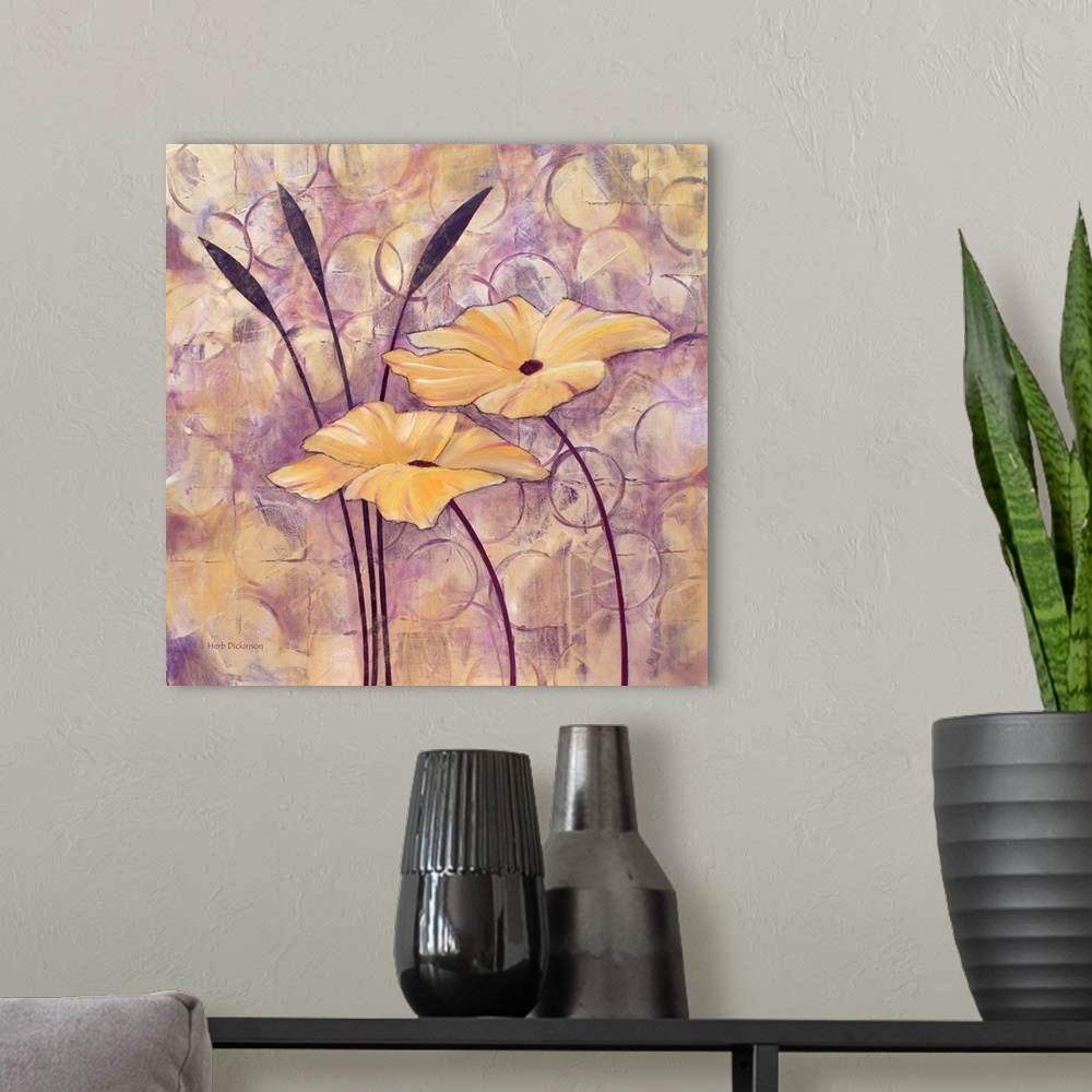 A modern room featuring Contemporary painting of two golden flowers on an abstract background made with circular shapes a...