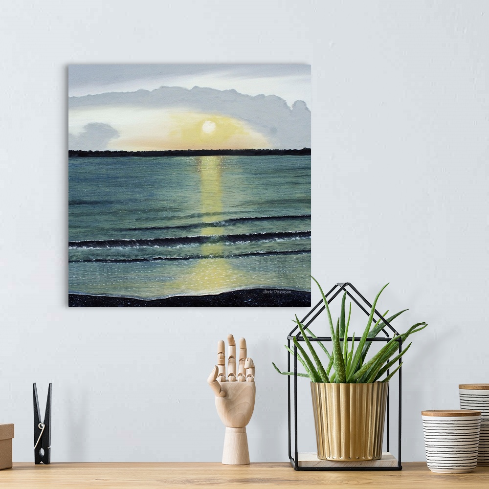 A bohemian room featuring Landscape painting of a sunset over the ocean at Hilton Head on a square background.