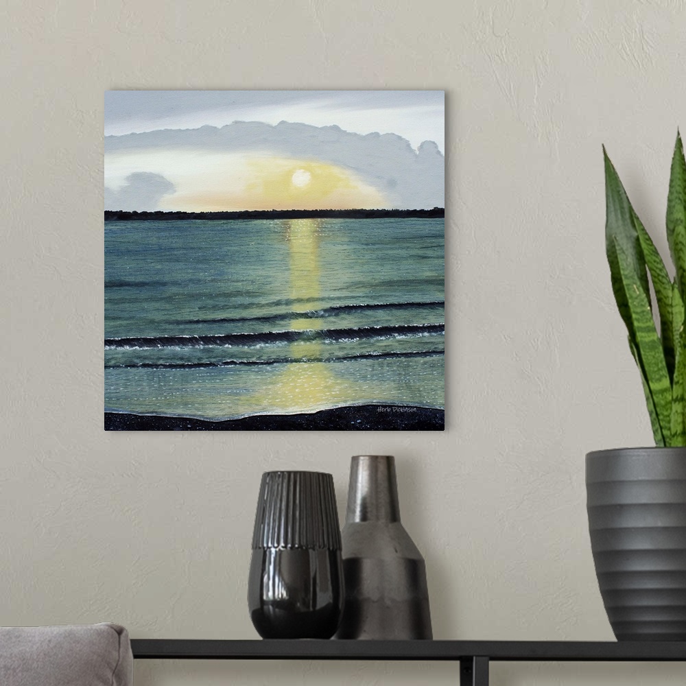 A modern room featuring Landscape painting of a sunset over the ocean at Hilton Head on a square background.