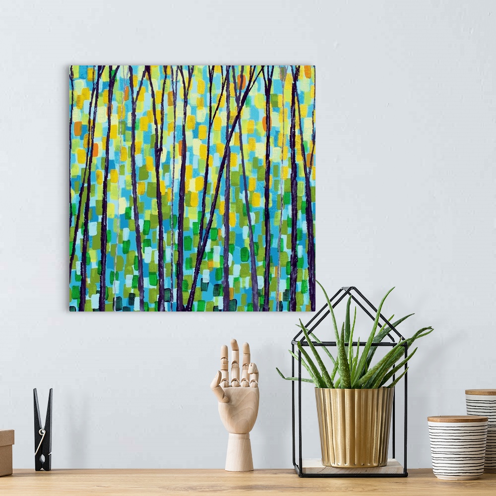A bohemian room featuring Square abstract forest landscape with tall, thin, bare trees and short brushstrokes in the backgr...