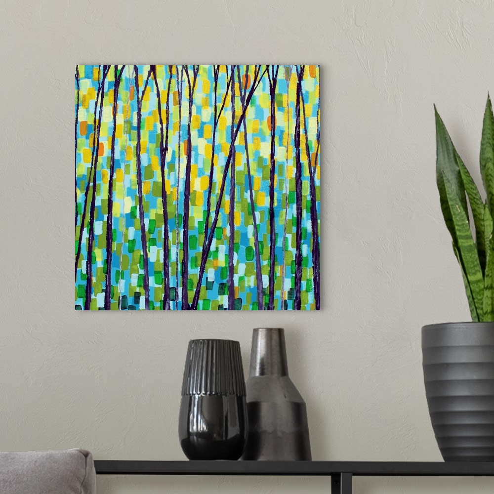 A modern room featuring Square abstract forest landscape with tall, thin, bare trees and short brushstrokes in the backgr...