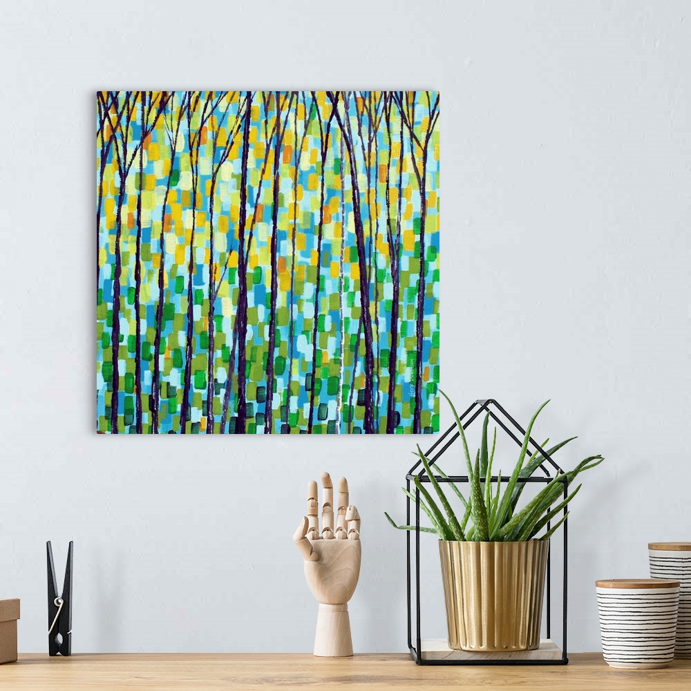 A bohemian room featuring Square painting of an abstract forest landscape with tall, thin, bare trees and short brushstroke...