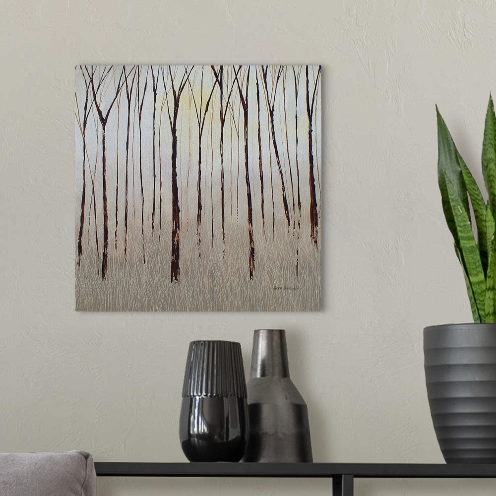 A modern room featuring Taupe colored landscape with bare Winter trees on a square background.