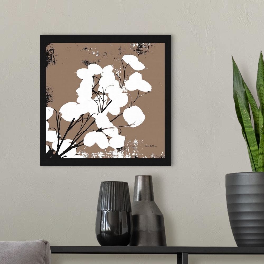 A modern room featuring Square silhouetted painting of a money plant in black, white, and brown.