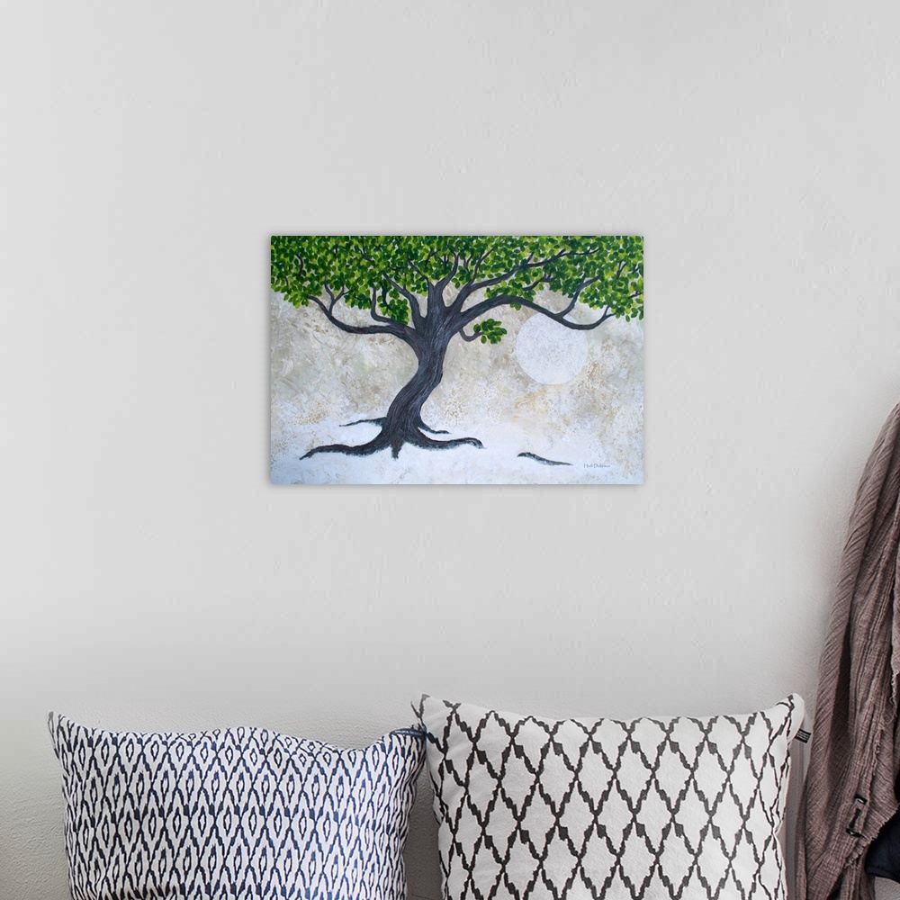 A bohemian room featuring Painting of a tree with fresh green leaves on a neutral colored background with a large full moon...