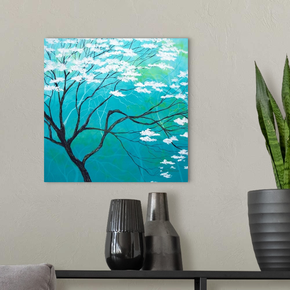 A modern room featuring Tranquil painting of a swaying tree with white blossoms on a blue and green background with faint...