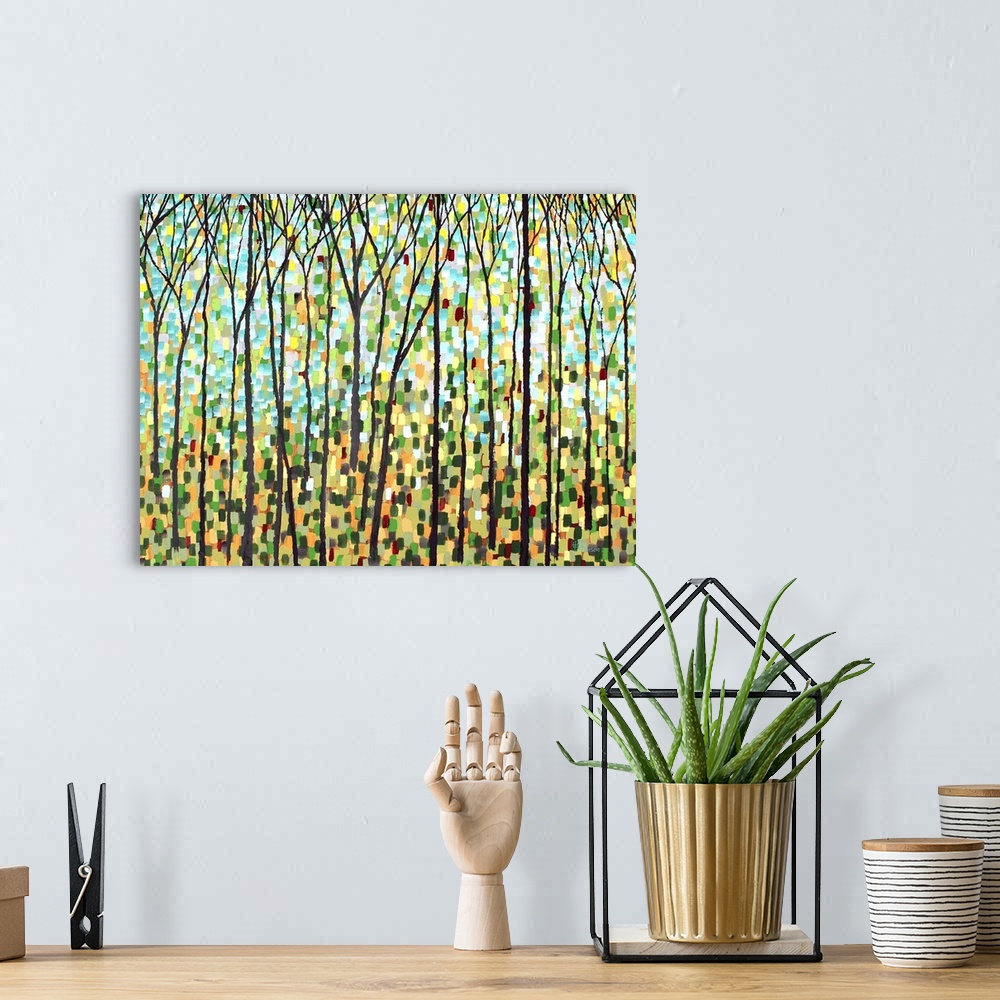 A bohemian room featuring Abstract forest landscape with tall, thin, bare trees and short brushstrokes in the background in...