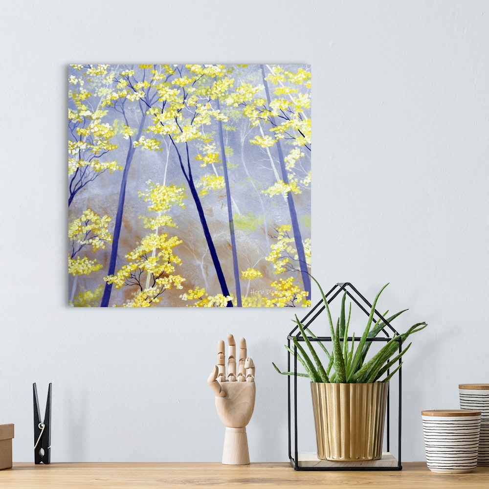A bohemian room featuring Square painting of blue and white tree trunks with white and yellow blossoms and a lavender color...