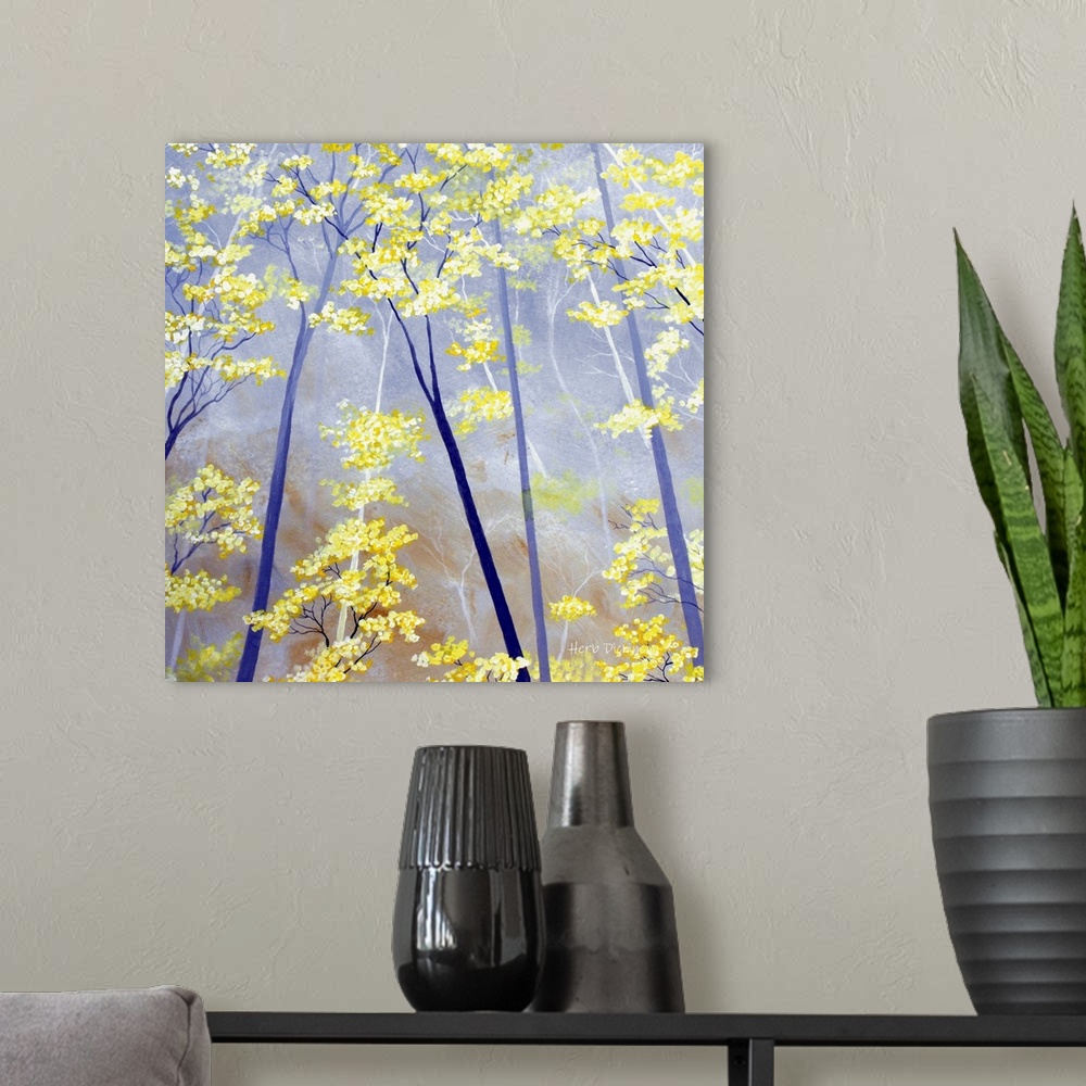 A modern room featuring Square painting of blue and white tree trunks with white and yellow blossoms and a lavender color...