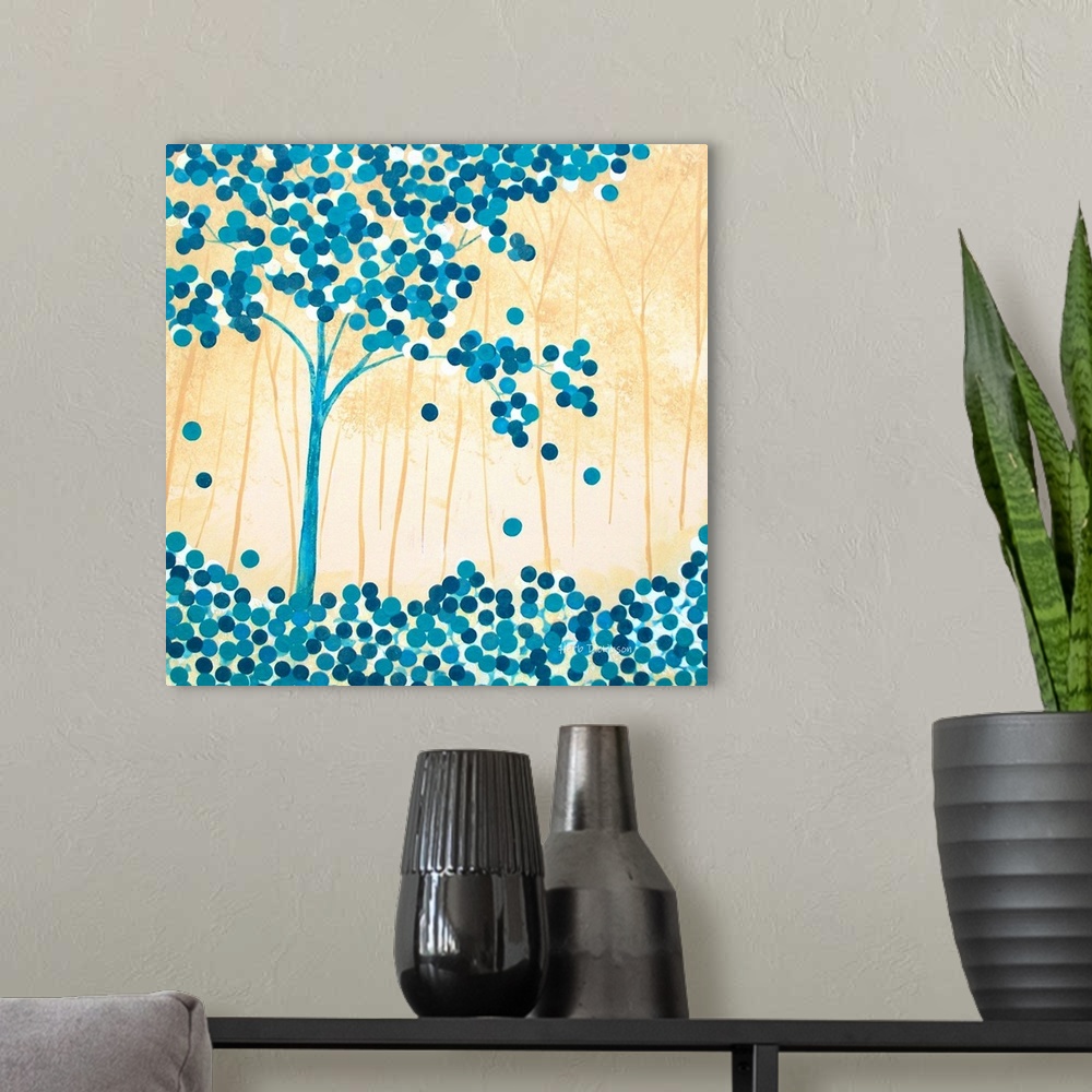 A modern room featuring Abstract turquoise tree with circular leaves on a golden background with silhouetted trees.