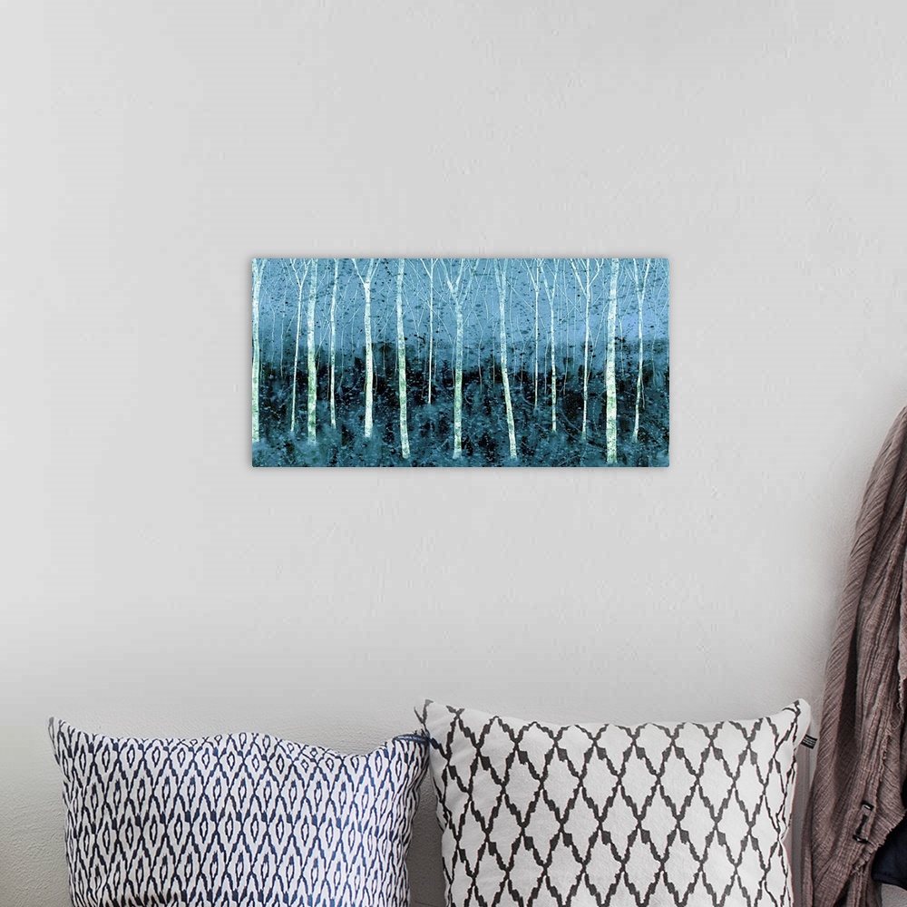 A bohemian room featuring Contemporary painting of lines of bare Winter trees in a forest with blue hues.