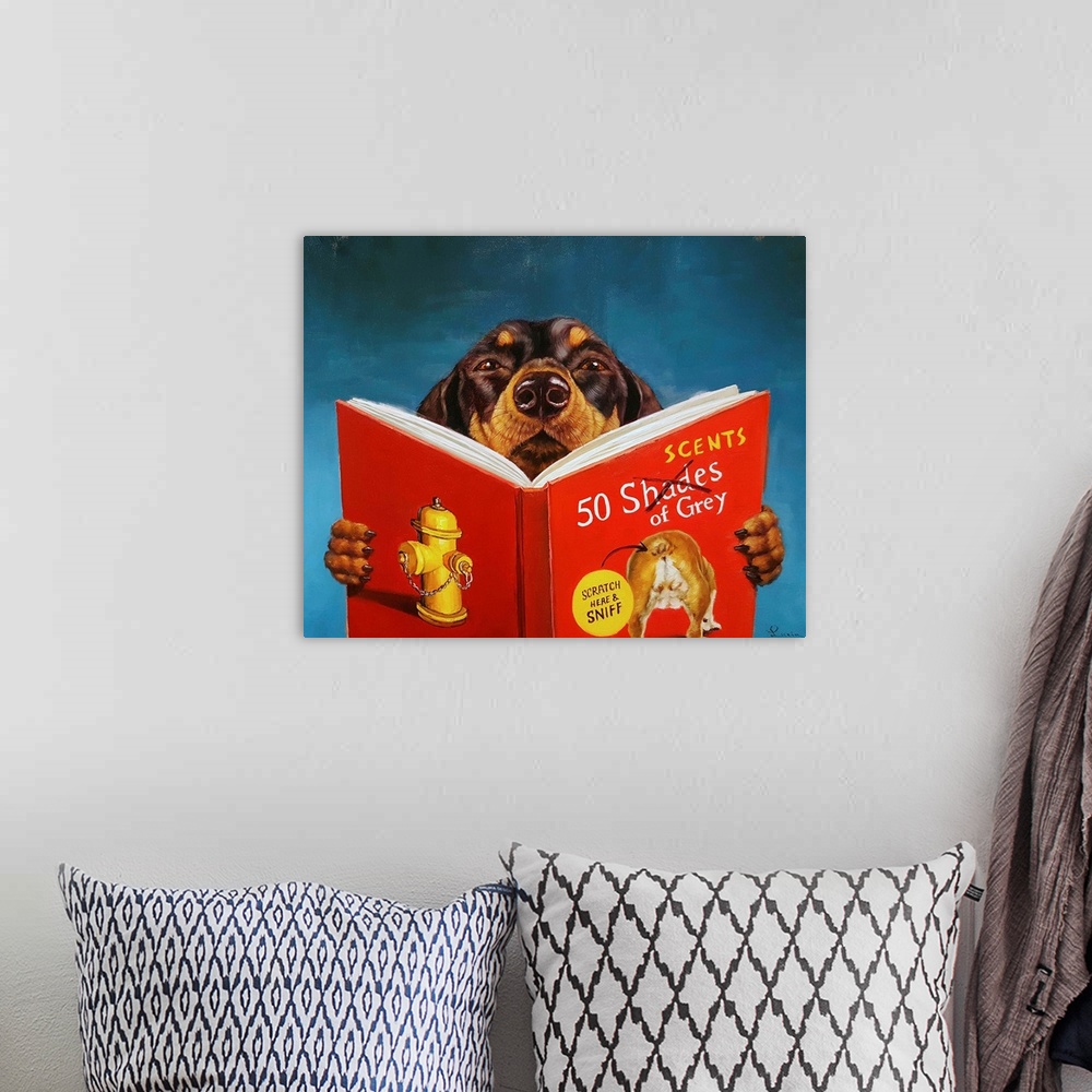 A bohemian room featuring A painting of a dog reading "50 Scents of Grey".