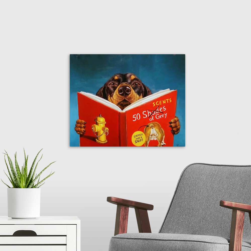 A modern room featuring A painting of a dog reading "50 Scents of Grey".