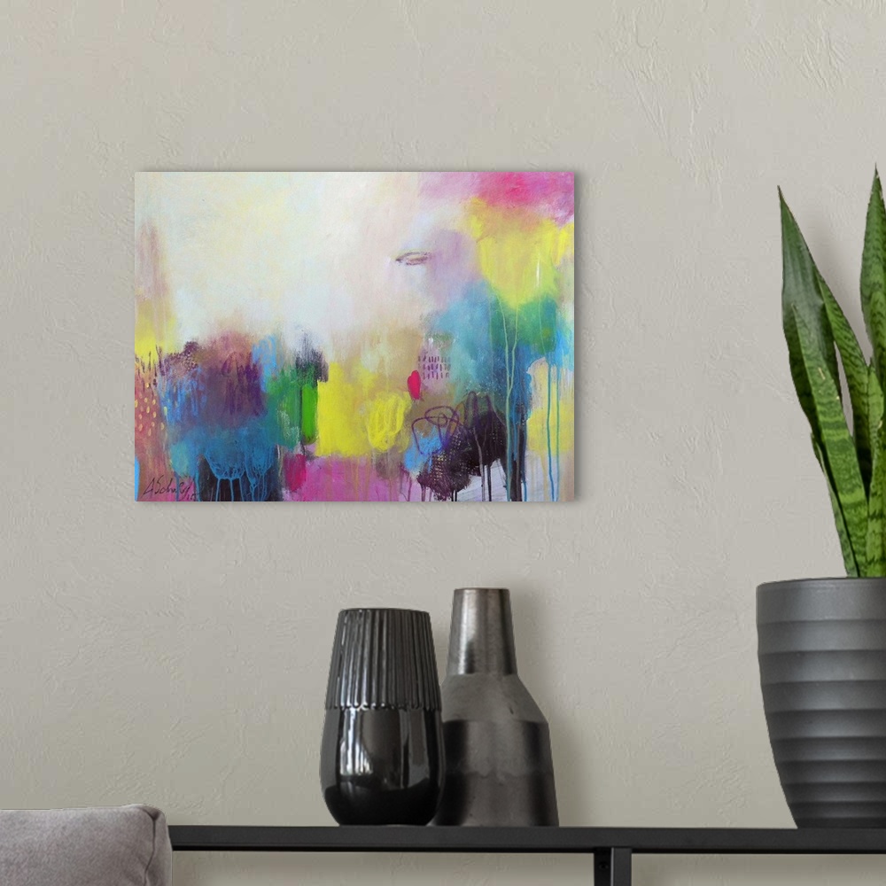 A modern room featuring A contemporary abstract painting using a mixture of vibrant colors.