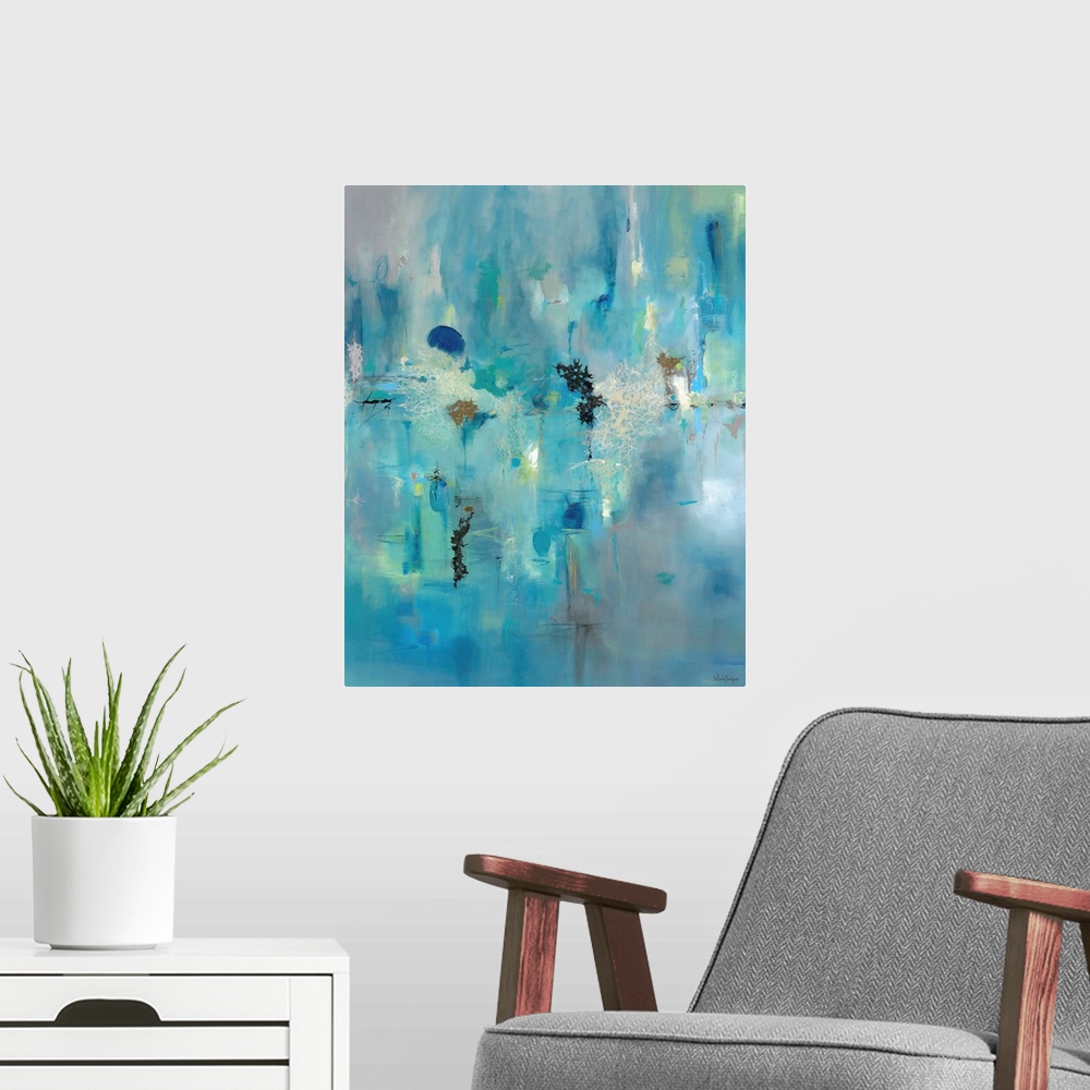 A modern room featuring Contemporary abstract painting using dominant cool tones mixed with warm earthy tones.