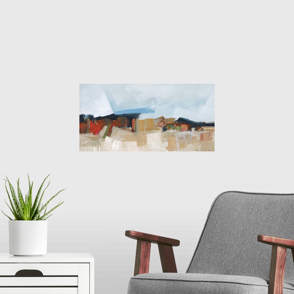 A modern room featuring Contemporary abstract painting using warm and cool tones.