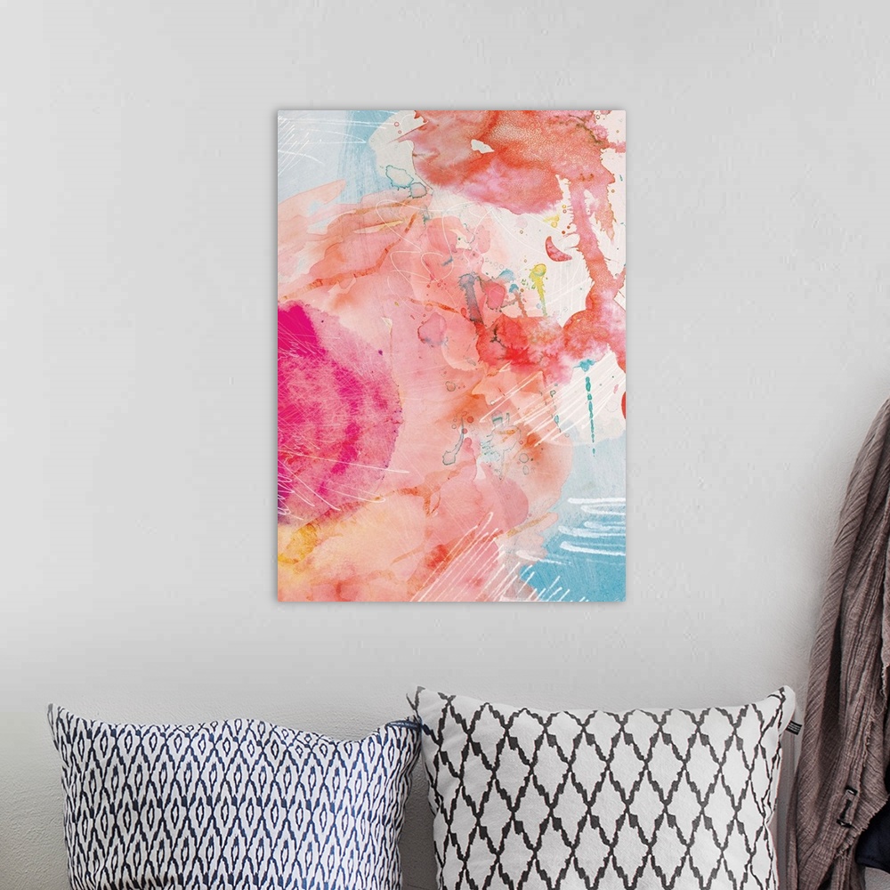 A bohemian room featuring Abstract Turquoise Pink No. 1