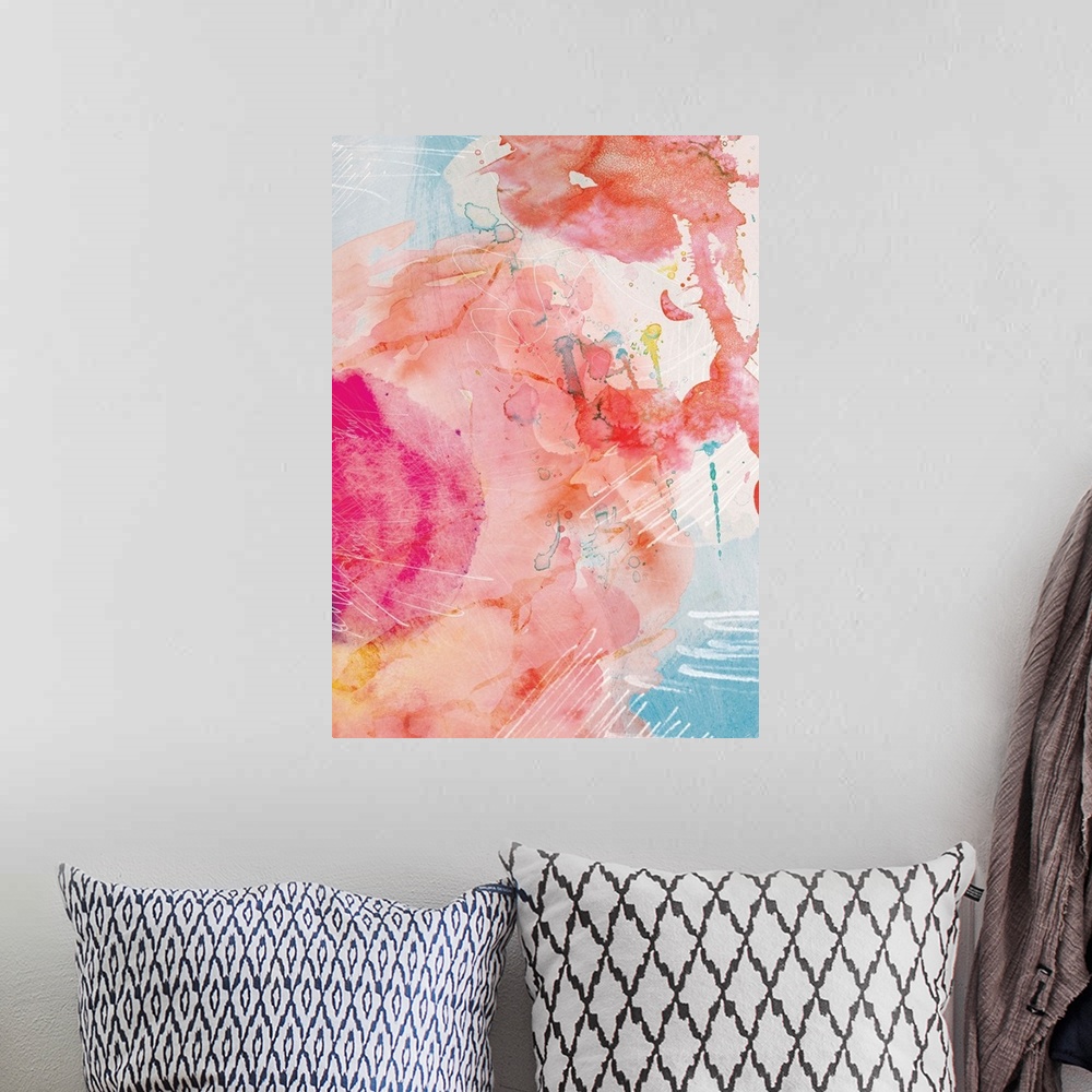 A bohemian room featuring Abstract Turquoise Pink No. 1