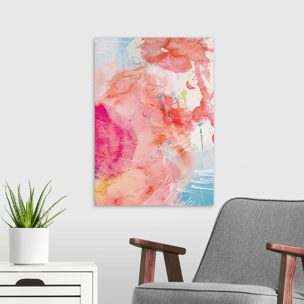 A modern room featuring Abstract Turquoise Pink No. 1