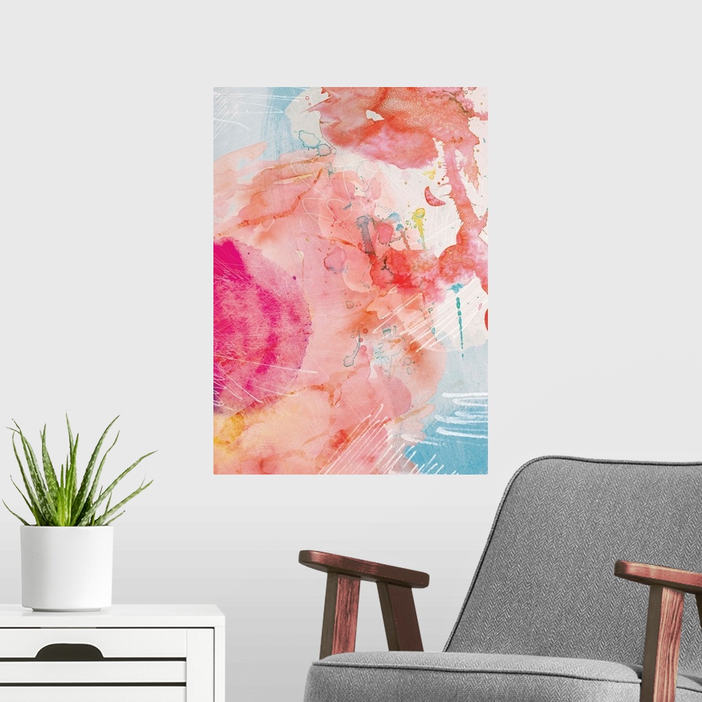 A modern room featuring Abstract Turquoise Pink No. 1