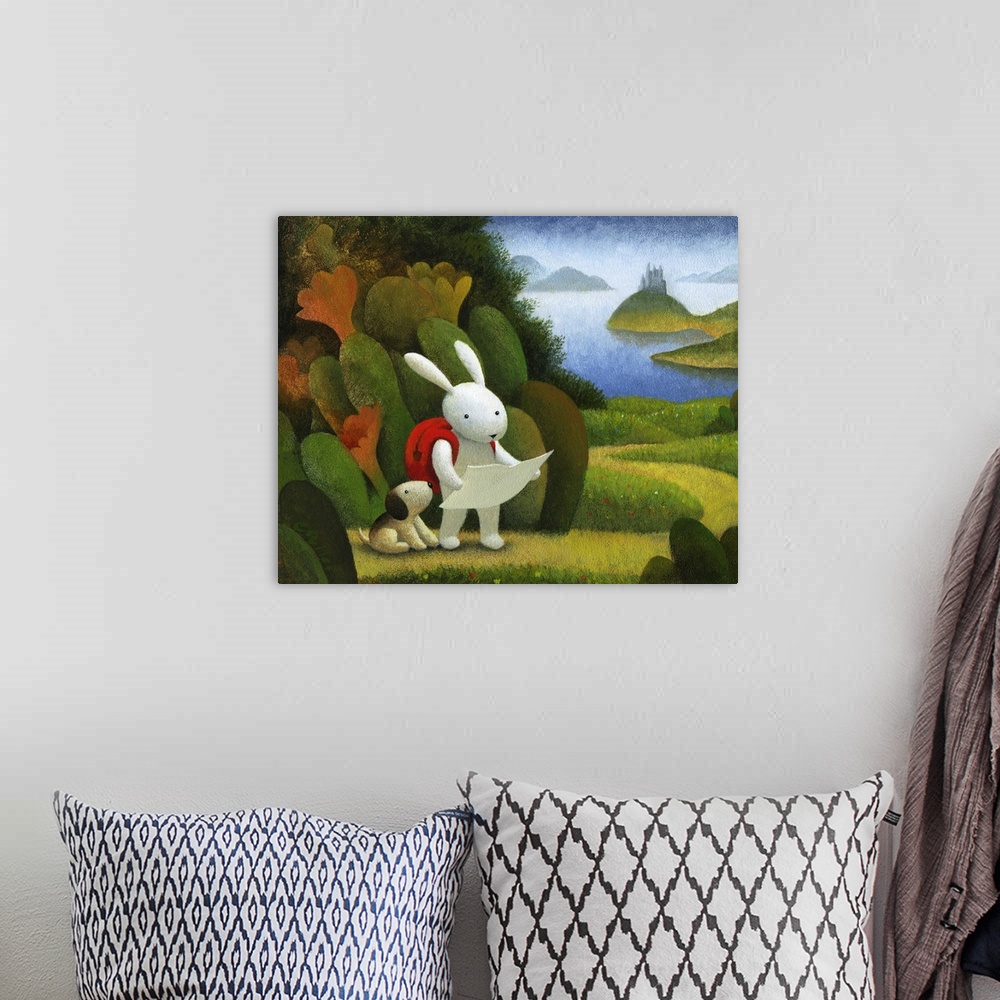 A bohemian room featuring Humorous painting of a rabbit on an adventure with his pet dog.