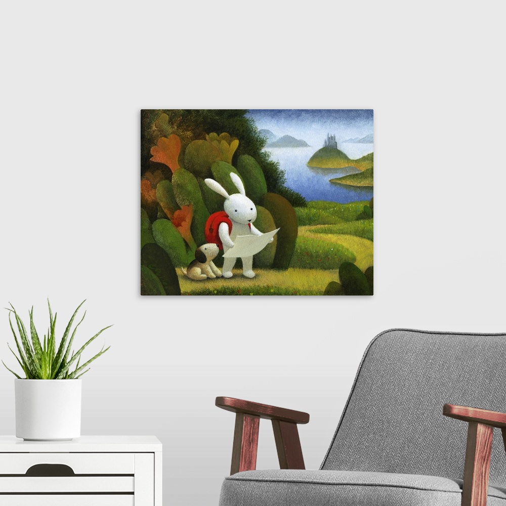 A modern room featuring Humorous painting of a rabbit on an adventure with his pet dog.