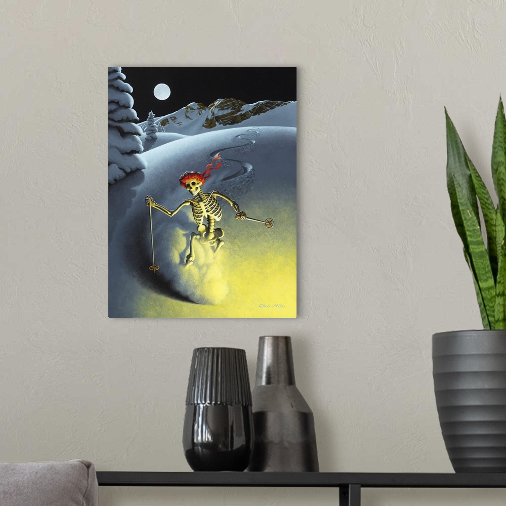 A modern room featuring Whimsical painting of a skeleton skiing down a mountain at night.