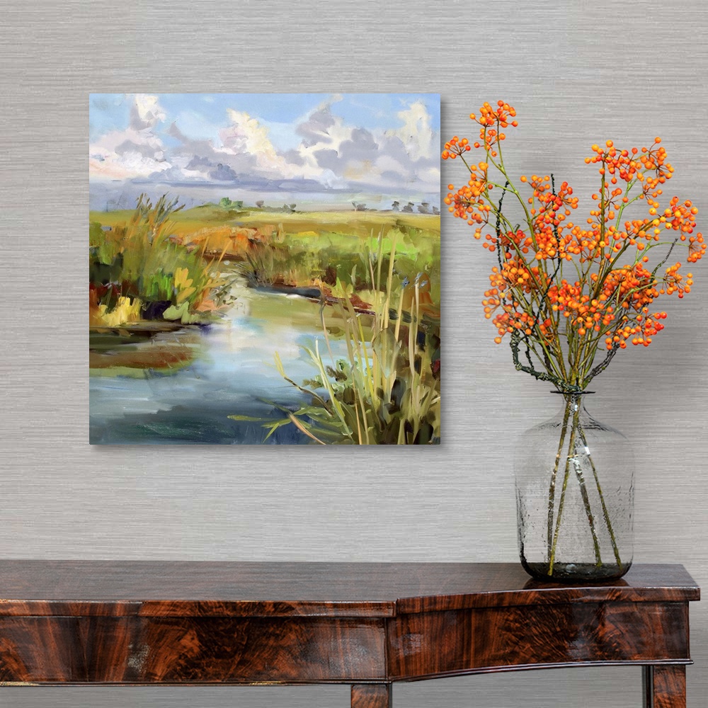 A traditional room featuring A contemporary painting of a marshland under a blue sky.