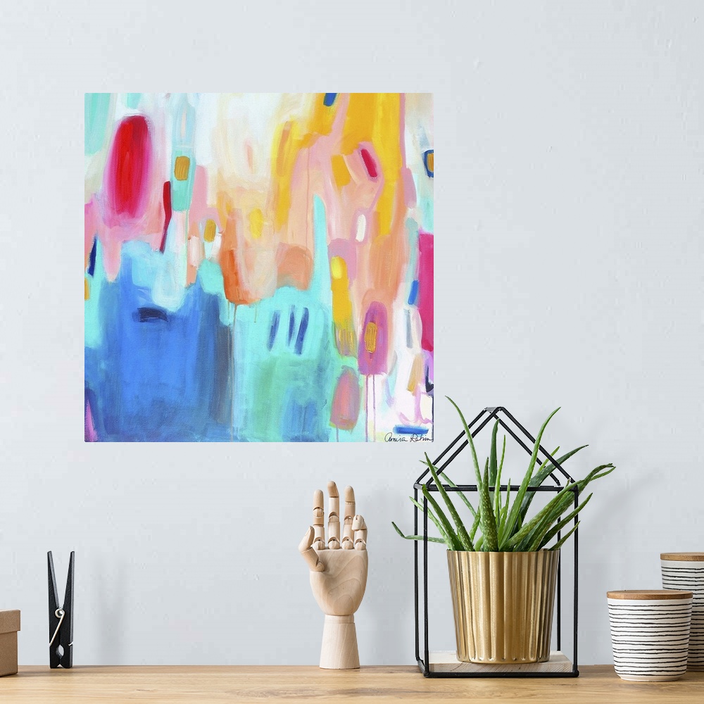 A bohemian room featuring A contemporary colorful abstract painting.